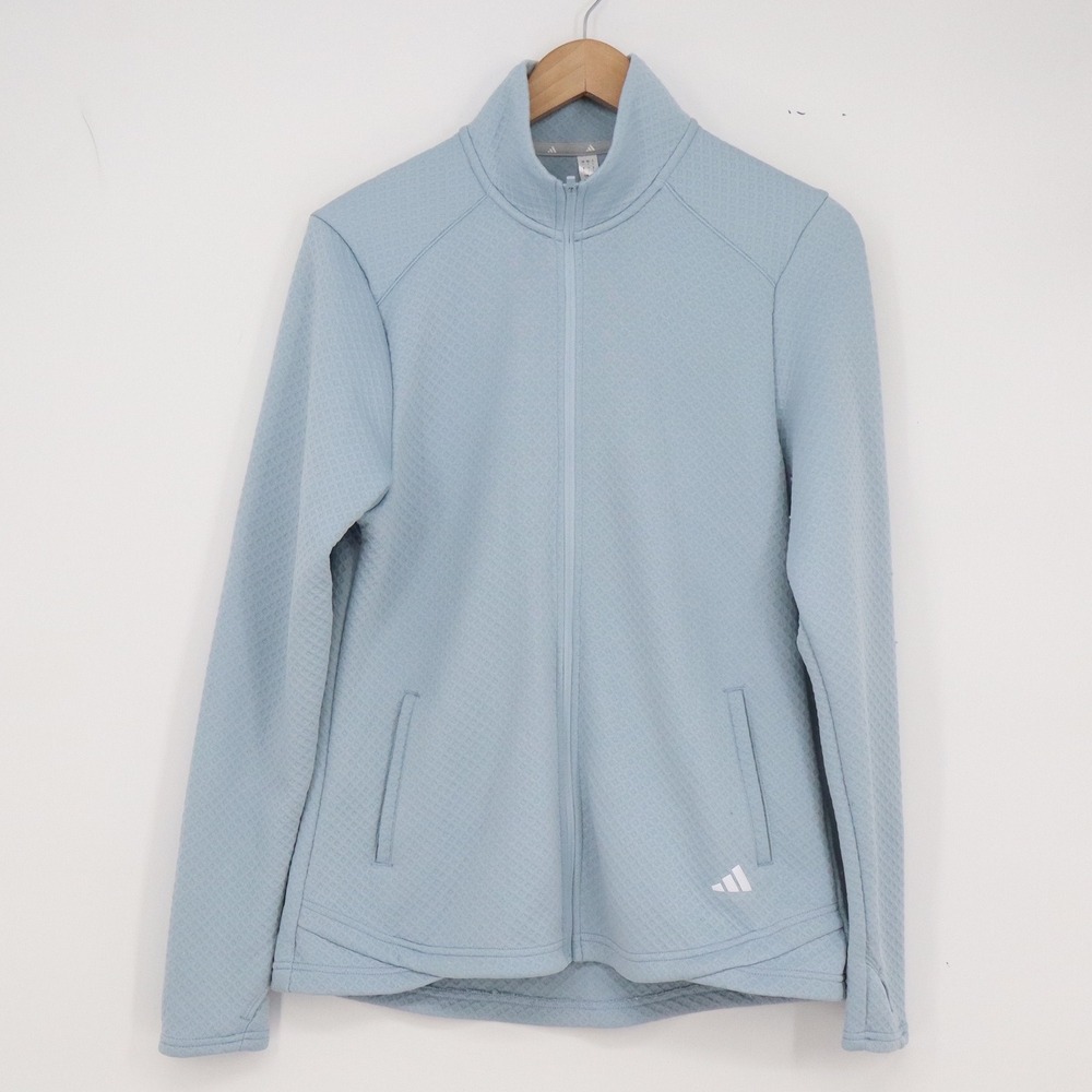 Adidas Jacket Womens L Full Zip Diamond Waffle Knit Light Blue Thumbhole Exc